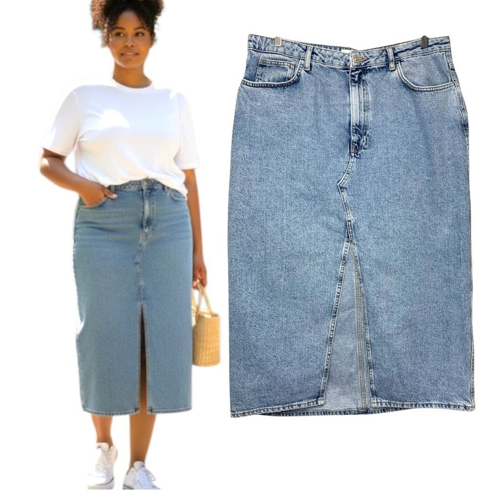 Mango Blue Denim Jeans Midi Skirt Front Slit Sz XXL 5 Pockets Coastal Festival